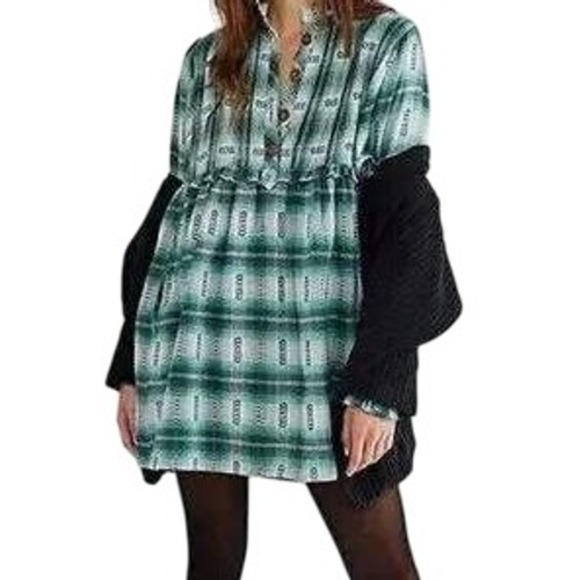 Free People Womens S Oversized Redwood Flannel Mini Dress with Pockets - Picture 2 of 14